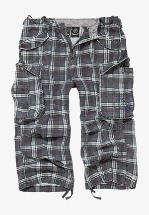 Harmaat ruudulliset cargo-shortsit, joissa on tummia ja vaaleita sävyjä sekä vaaleanpunaisia yksityiskohtia. Useita taskuja ja säädettävät nyörit helmoissa.