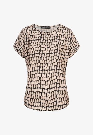 Top cu mânecă scurtă, având un model în nuanțe de negru și roz deschis, format din forme elongate, cu decolteu rotund și o croială lejeră. Textură de țesătură moale.