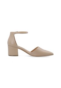 Chaussure à talon haut en cuir beige avec un bout pointu fermé et une bride autour de la cheville. Le talon carré mesure environ 5 cm de hauteur. Texture lisse.