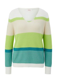 Sweter w serek z teksturą rib i poziomymi paskami w odcieniach zieleni, niebieskiego i kremowego. Wykończony białym dołem.