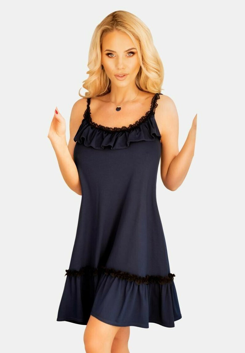 Navy-blaues ärmelloses Kleid mit gerafftem Ausschnitt und Saum, verziert mit schwarzer Spitze. Glattes Material mit ausgestellter Form für optimalen Komfort.