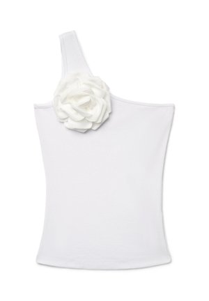 Weißes, geripptes One-Shoulder-Top mit einem großen Stoffblumendetail am einzelnen Schulterriemen.