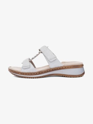 Jasnoszary sandał z odkrytymi palcami, wyposażony w dwa regulowane paski, wyściełaną wkładkę oraz teksturowaną podeszwę zapewniającą przyczepność i komfort.