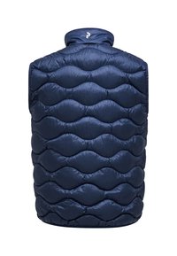 Navy puffer vest with a high collar, featuring quilted, wavy patterns and a smooth, shiny texture. No sleeves or visible hardware.