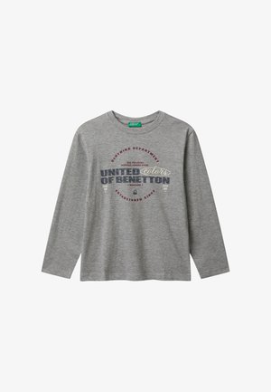 Šedé dlouhé rukávy tričko, bavlněný materiál, s kulatým výstřihem a potiskem v několika barvách: "UNITED colors OF BENETTON" s dekoračními akcenty.