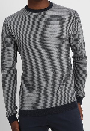Gray and navy striped sweater with a round neckline, ribbed cuffs, and hem. Made of a soft material, featuring a textured line pattern.