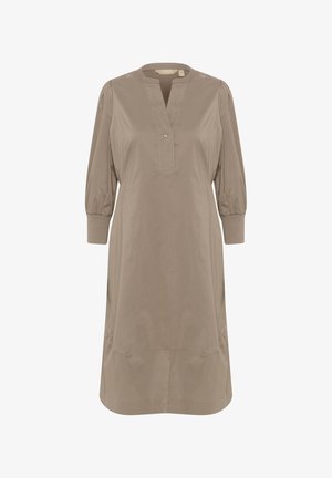 Vestido beige claro con cuello mandarín, tapeta de botones, mangas abullonadas y un corte relajado. Fabricado en un suave tejido ligero.