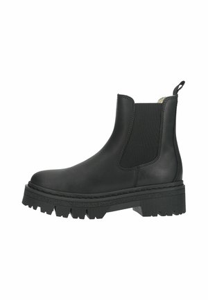 Black leather Chelsea boot with chunky sole, elastic side panel, and pull tab at the back, shown in a side profile on white background.