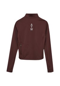 Brun, långärmad pullover med hög krage, sidoficka med dragkedja och "ATW"-text i ljusgrått på baksidan; slät, elastisk tyg.