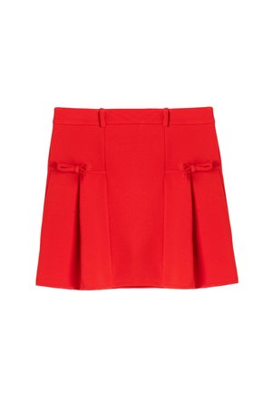 Roter Faltenrock aus weichem Stoff, mit zwei Schleifenakzenten an den Seiten und einem taillierten Bund für eine strukturierte Silhouette.