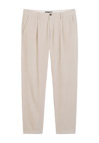 Pantalon en velours côtelé beige à coupe droite, avec des plis à l'avant, des poches latérales et une taille standard avec fermeture à bouton.