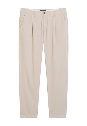 Pantalon en velours côtelé beige à coupe droite, avec des plis à l'avant, des poches latérales et une taille standard avec fermeture à bouton.