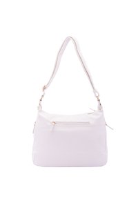 Sac à bandoulière en cuir blanc avec une seule sangle réglable, poche zippée à l'avant et accents en métal doré. Texture lisse, forme rectangulaire.