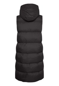 Zwarte lange puffer vest met horizontale quilted motieven en een vast capuchon, vanuit de achterkant gezien op een witte achtergrond.