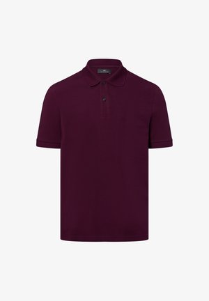 Pflaumenfarbener Poloshirt mit kurzen Ärmeln, einer Knopfleiste, geripptem Kragen und Bündchen sowie einer glatten, strukturierten Stoffoberfläche.