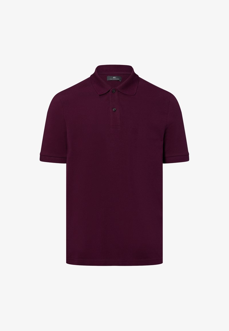 Śliwkowa koszulka polo z krótkimi rękawami, zapięciem na guziki, żebrowanym kołnierzykiem i mankietami oraz gładkim, teksturowanym wykończeniem tkaniny.