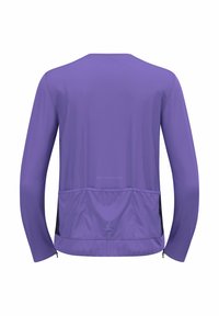 Lila Sportjacke mit langen Ärmeln und geradem Schnitt, aus leichtem Material gefertigt, mit Netzstoff-Einsätzen an den Seiten und einer hinteren Tasche mit Reißverschlüssen.