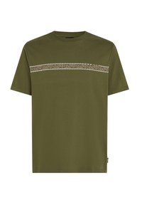 Olijfgroene t-shirt met korte mouwen van katoen, voorzien van een gestreept patroon in horizontale lijnen met witte en beige accenten op de borst.