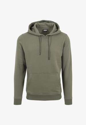 Olivgrüner Kapuzenpullover aus Baumwolle mit Kängurutasche, verstellbarem Tunnelzug an der Kapuze, gerippten Bündchen und Saum. Glatte Textur, minimalistisches Design.