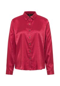 Rote Satinbluse mit einem strukturierten Muster, langen Ärmeln, einem spitzen Kragen, einer Knopfleiste und gestickten Ärmelabschlüssen.