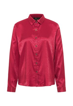 Rote Satinbluse mit einem strukturierten Muster, langen Ärmeln, einem spitzen Kragen, einer Knopfleiste und gestickten Ärmelabschlüssen.