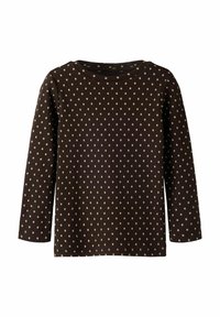 Brun langermet skjorte med ribbet tekstur og lyse polka-prikker, med rund halsutringning og rettskåret kant.