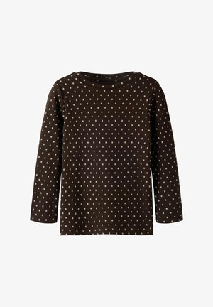 Brun langermet skjorte med ribbet tekstur og lyse polka-prikker, med rund halsutringning og rettskåret kant.