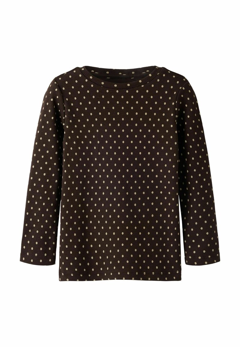 Brun langermet skjorte med ribbet tekstur og lyse polka-prikker, med rund halsutringning og rettskåret kant.