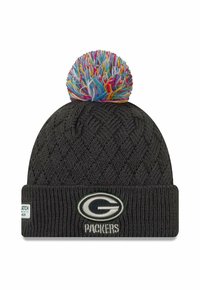 Knit black beanie with a textured pattern, featuring a multicolored pom-pom on top and a green and white logo patch that reads "PACKERS."