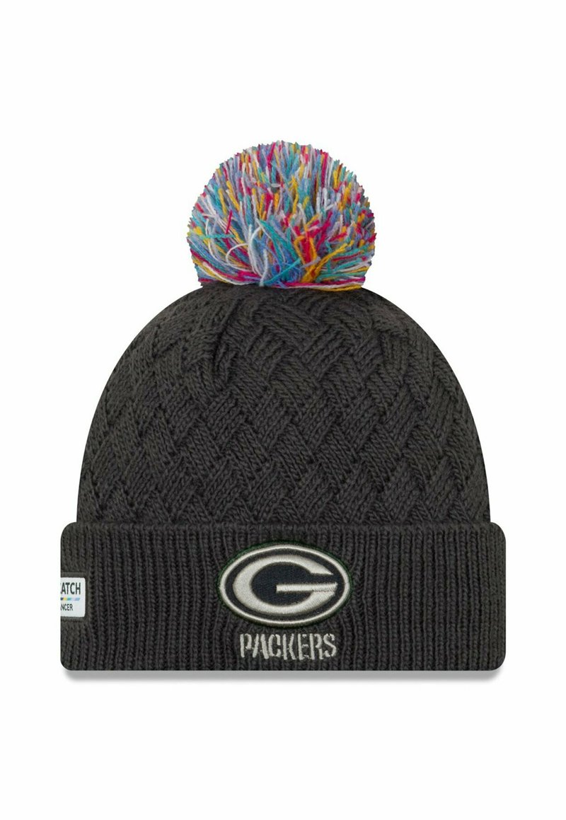 Knit black beanie with a textured pattern, featuring a multicolored pom-pom on top and a green and white logo patch that reads "PACKERS."