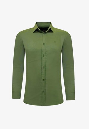 Overhemd met lange mouwen in olijfgroen, gemaakt van gladde stof, met een knoopsluiting aan de voorkant, een puntige kraag en een subtiel logo op de borst.