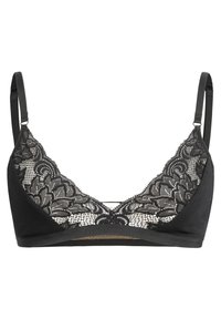 Zwarte bralette met een kanten overlays op de cups met bloemenpatroon, zachte stof, verstelbare banden en een comfortabele ontwerp zonder beugel.