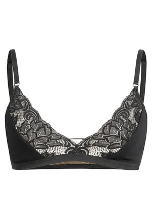 Zwarte bralette met een kanten overlays op de cups met bloemenpatroon, zachte stof, verstelbare banden en een comfortabele ontwerp zonder beugel.