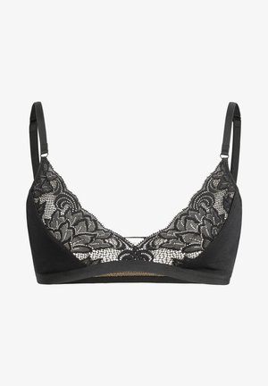 Bralette noir avec un superposé en dentelle à motif floral, tissu doux, bretelles ajustables et un design confortable sans armature.