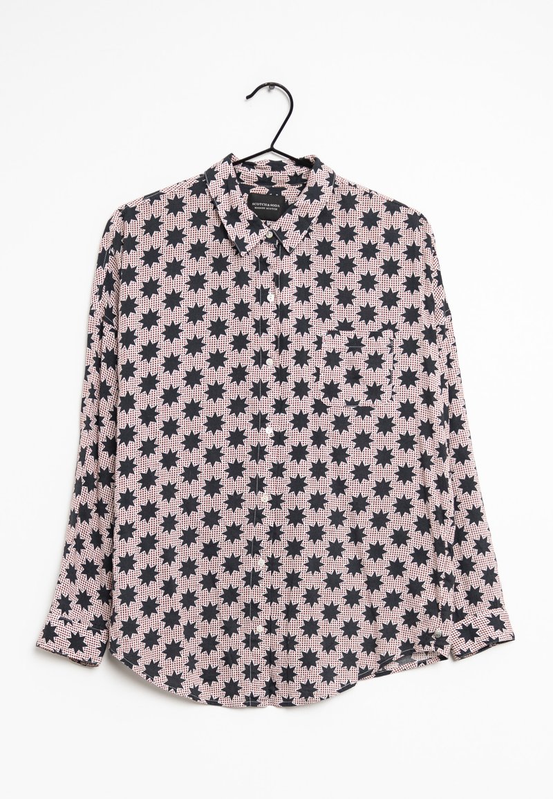 Chemise à manches longues noire et rose avec un motif d'étoiles répétées, col boutonné, et une légère courbe à l'ourlet, fabriquée en tissu léger.