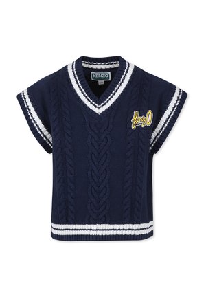 Gilet en tricot bleu marine avec un col en V, motif en relief, accents blancs rayés sur les manches et l'ourlet, arborant un logo "Kenzo" jaune.