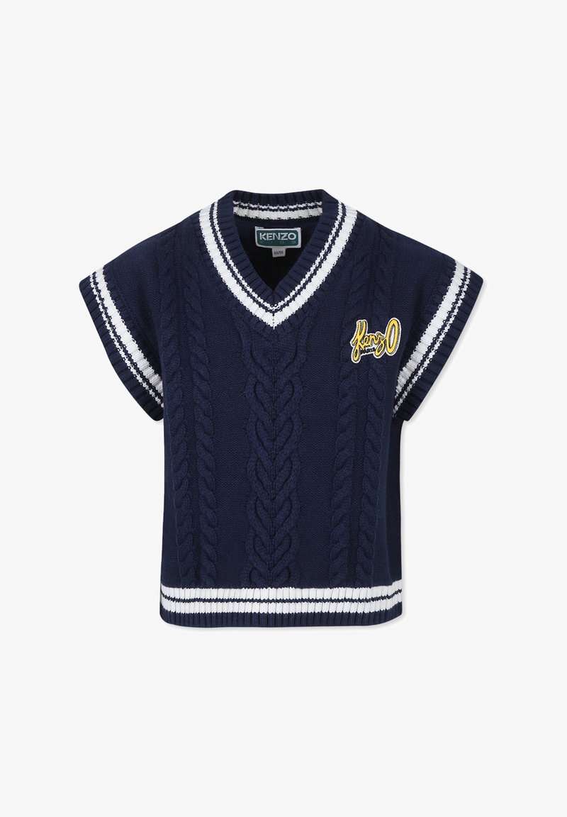 Gilet en tricot bleu marine avec un col en V, motif en relief, accents blancs rayés sur les manches et l'ourlet, arborant un logo "Kenzo" jaune.