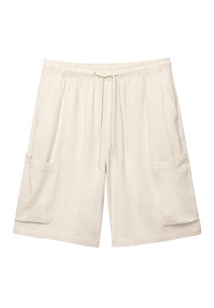 Beige cargo shorts made of textured cotton, featuring an elastic waistband, drawstring, and two side pockets.