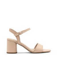 Sandalo con tacco beige, dotato di una ampia fascia per le dita e cinturino alla caviglia regolabile. Realizzato in pelle liscia, presenta un tacco a blocco e un design minimalista.