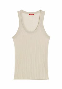 Randig ärmingslös topp i ljusbeige. Har en rund halsringning och breda axelremmar. Tillverkad av mjukt, stretchigt tyg för komfort.