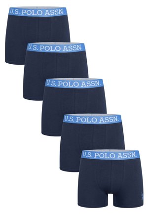 Fünf Paar marineblaue Herrenboxershorts mit hellblauen Bund, auf denen der Text "U.S. POLO ASSN." in Weiß angezeigt wird.