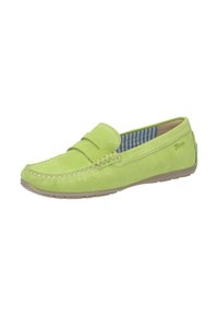 Grüner Wildleder-Loafer mit gestickten Details und einer flachen Gummisohle, versehen mit einem blau-weißen gestreiften Innenfutter.