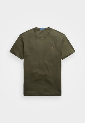Kortærmet olivengrøn T-shirt med rund hals og lille broderet polo-spillerlogo på venstre bryst.