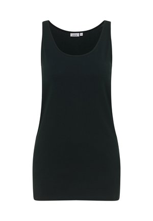Černý tílko vyrobené z měkké, elastické tkaniny. Má výstřih ve tvaru lodi a bezramenný design s těsným střihem.
