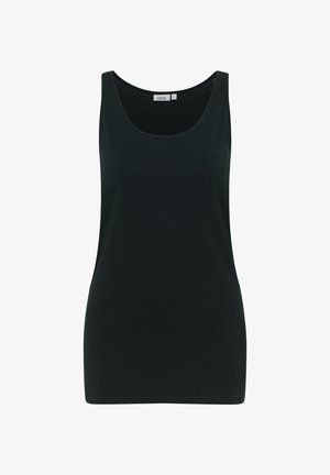 Canotta nera realizzata in tessuto morbido ed elastico. Presenta un collo a pescatore e un design senza maniche con una silhouette aderente.