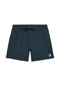 Shorts de bain bleu sarcelle foncé avec ceinture à cordon de serrage noire, poches latérales et logo circulaire sur la jambe gauche inférieure.