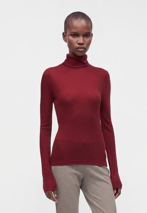 Person with short hair wearing a fitted red turtleneck sweater and light gray pants against a plain white background.