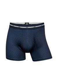 Navy blue boxer shorts made of soft fabric featuring a dotted pattern, elastic waistband with logo, and stitched hems.