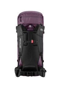 Lila Trekking-Rucksack mit gepolsterten schwarzen Trägern und Rückenstütze, ausgestattet mit verstellbarem Gurt, Reißverschlussfächern und strapazierfähigen Materialien.