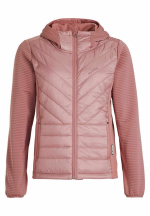 Šviesiai rožinė šilta striukė su kapišonu, turinti žakardo ir glotnių raštų, šonines užtrauktuko kišenes ir sklandžią, glotnią tekstūrą.